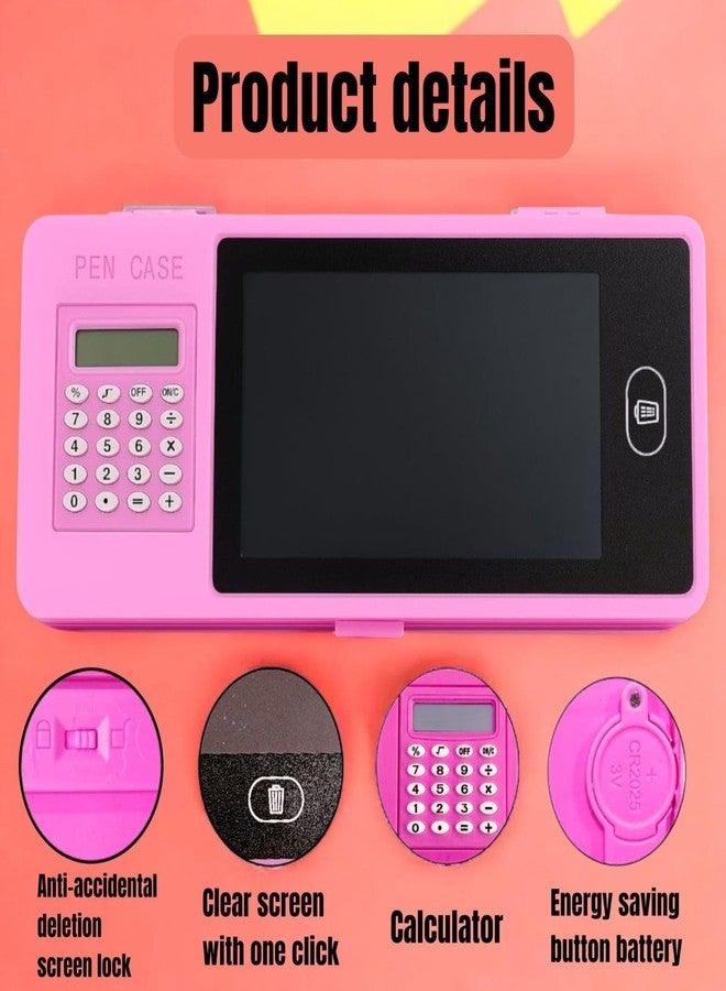 تارا13 علبة أقلام رصاص فريدة من نوعها من تيرا 13 مزودة بشاشة LCD وآلة حاسبة (قطعة واحدة)، وحافظة لوحة رسم مع زر مسح وقلم كتابة، هدية تذكارية لحفلات أعياد الميلاد، علبة أقلام رصاص للأطفال، حل تخزين سحري للأدوات المكتبية (لون وردي) - Image 2